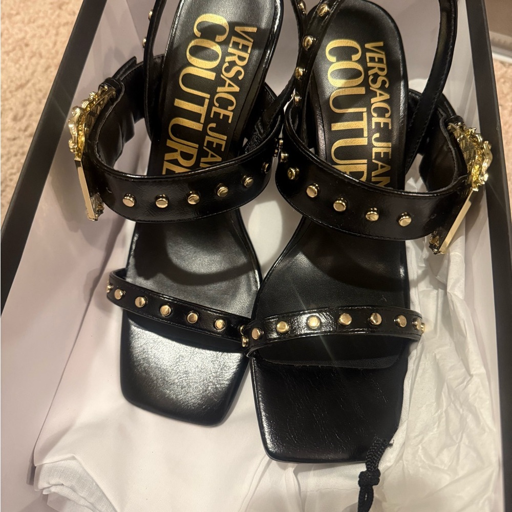 Versace Jeans Collection Black Sandals with Gold Accents